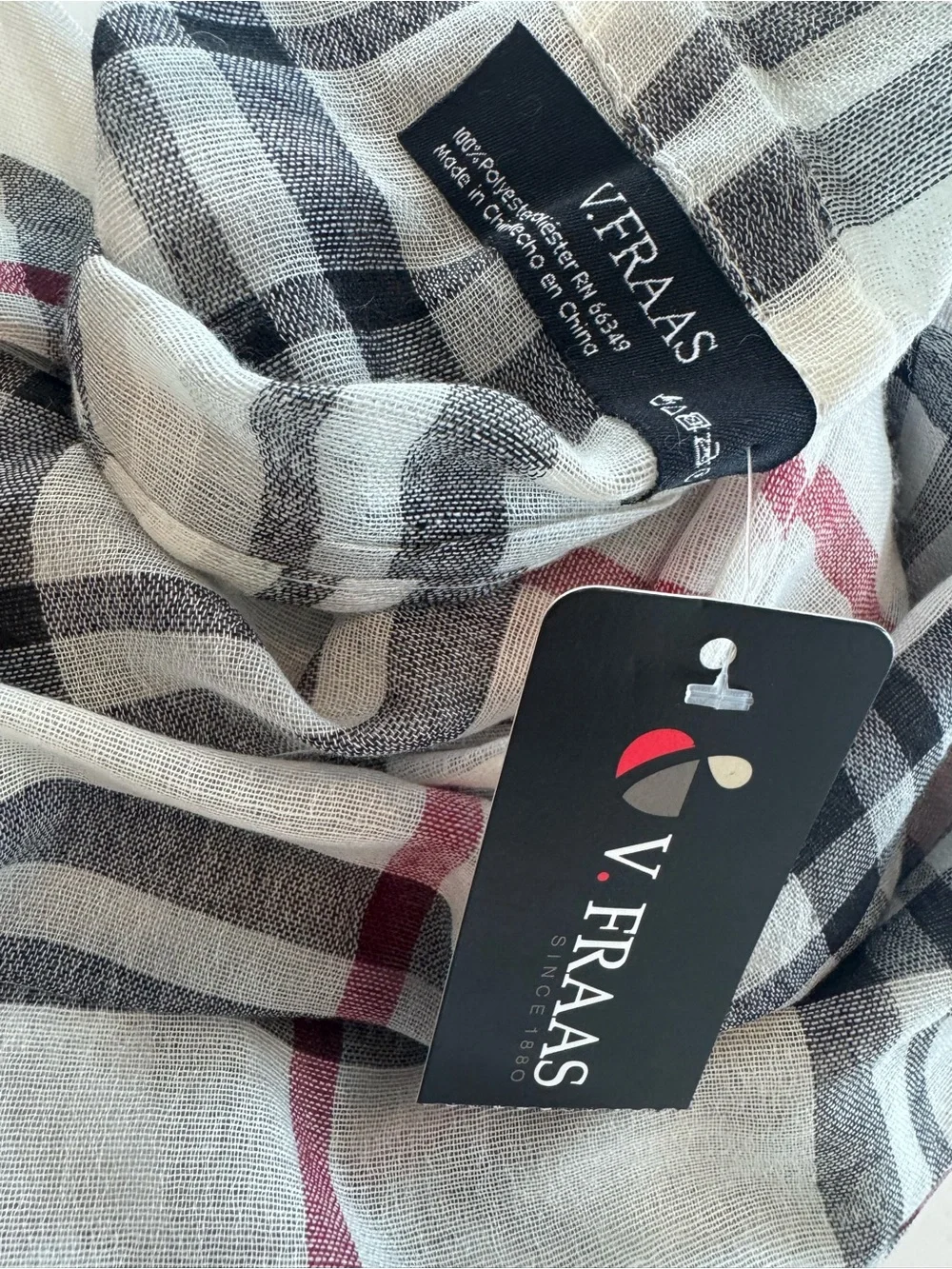 V. FRAAS White Plaid Scarf with Black and Red Stripes